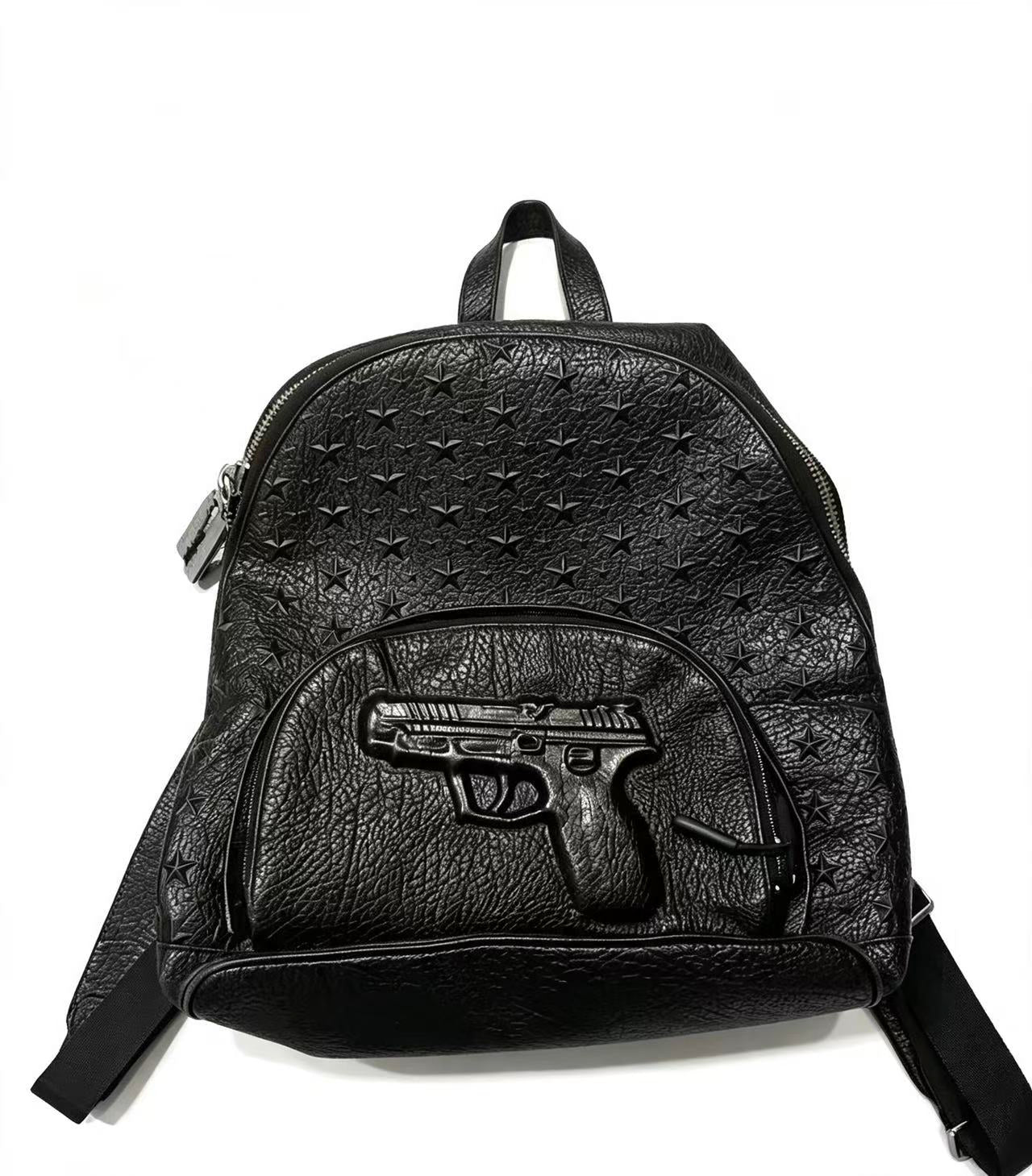 Philipp Plein Star Deboss Pistol Embossed Black Leather Backpack