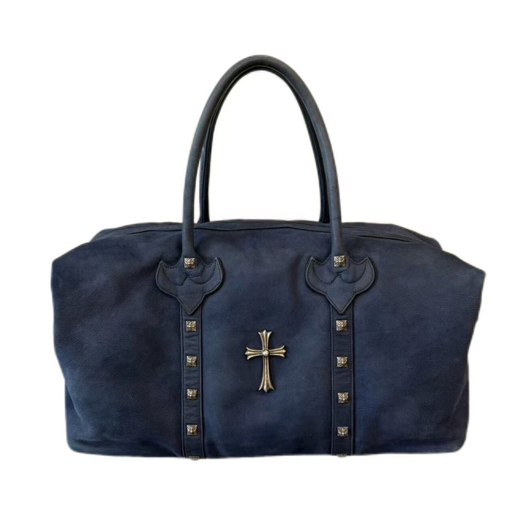 Chrome Hearts Navy Suede Cross Studded Duffle Travel Bag