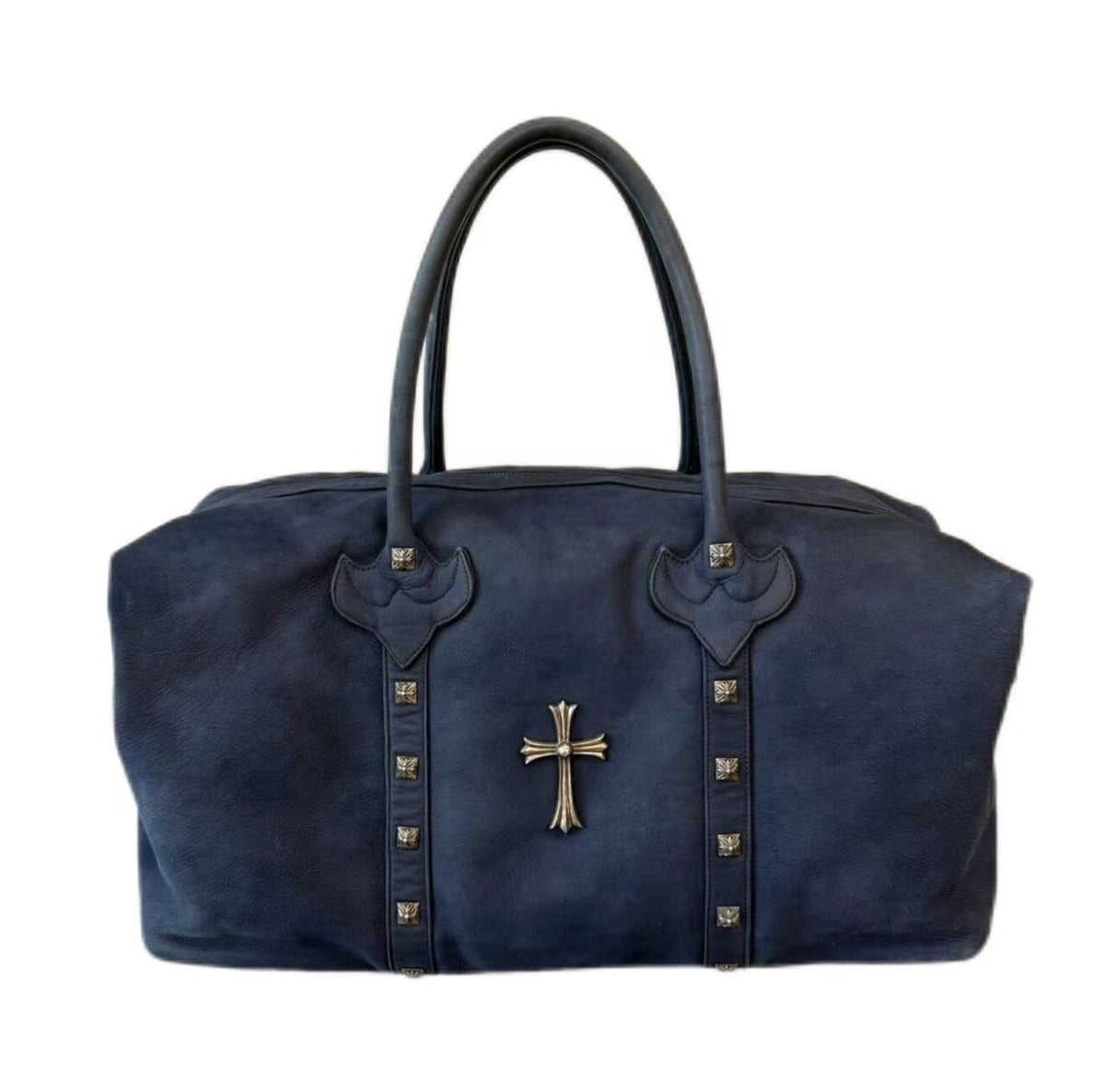 Chrome Hearts Navy Suede Cross Studded Duffle Travel Bag