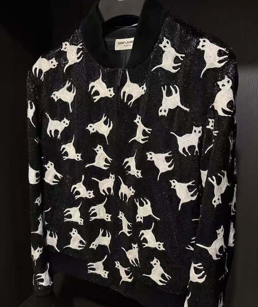 Saint Laurent 18FW Black Sequin Cat Embroidered Jacket
