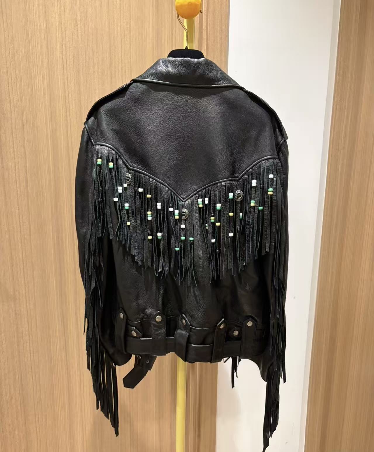 Gucci 17AW Black Leather Fringed Biker Jacket