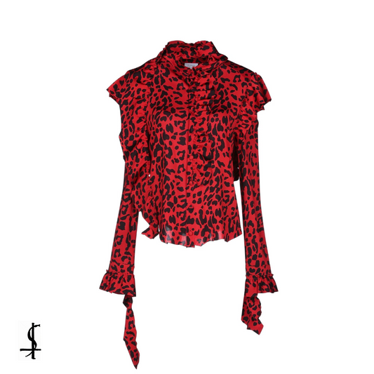 VETEMENTS Frayed Ruffled Leopard-print Stretch-jersey Blouse In Red & Black