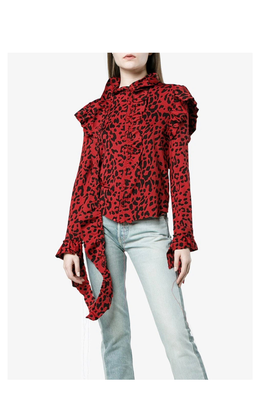 VETEMENTS Frayed Ruffled Leopard-print Stretch-jersey Blouse In Red & Black